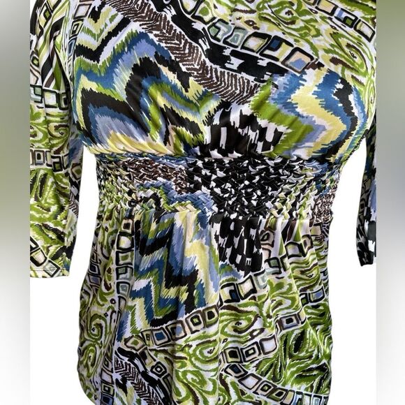 TARA RYAN SMOCK Large Green Black Blue Print Elastic belt style waist - Picture 3 of 7